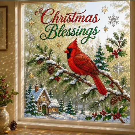 New Creative Large Christmas Window Sticker, Christmas Decoration, Flat Poster, Waterproof Sticker - Red Sparrow - 7070cm