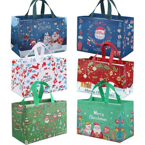 Sacs fourre-tout de Noël, lot de 6 sacs cadeaux avec poignée, sacs d\'épicerie festifs réutilisables pour fête de Noël-Ywey (1/5)