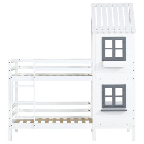 Lit superposé 90x200cm,cadre pin,fenêtres,rampe et protection antichute