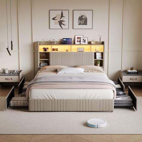 Cama doble - Cama 160x200 - Cabecera acolchada de lino beige - 4 cajones de almacenamiento - LED RGB controlable