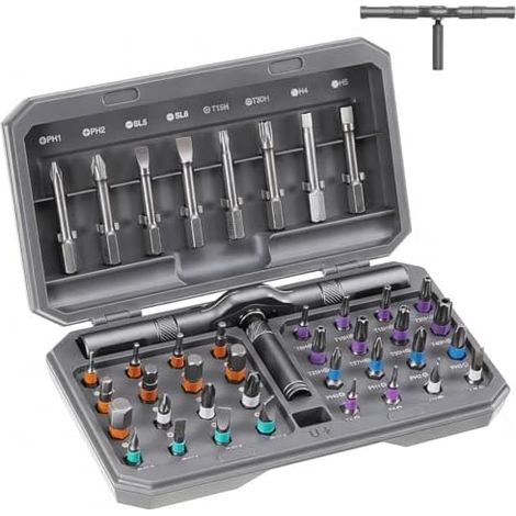 Kit de tournevis à cliquet magnétique 42 en 1 avec 40 embouts acier S2, poignée principale et 3 poignées combinées boîte rangement pour électronique, montres, meubles bricolage - (1/5)