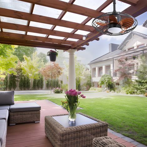 Ventilateur plafonnier 51 cm tige, LED 18 W 3 couleurs, 5 pales ABS, moteur DC, crochet extérieur terrasse pergola. (1/5)