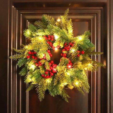 Guirlande De Noël Éclairée - Couronne De Noël Pré-Éclairée 40 Cm - Pour Porte Fenêtre Ou Mur Intérieur Extérieur Couvert - 20 Lumières Blanc Chaud - 2 M Câble - 1 Pièce (1/5)