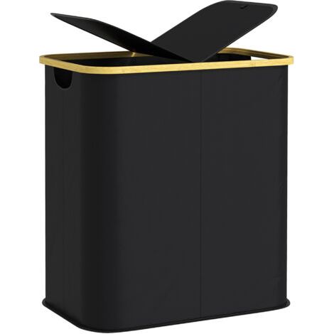 Pair Panier à linge double pliable 80 L corbeille à linge sale avec couvercle, poignées rainurées, noir (1/5)