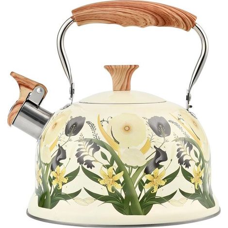 Bouilloire rétro sifflante en acier inoxydable – 2,7 L – Motif floral – Poignée ergonomique – Compatible avec toutes les plaques, y compris induction (1/5)
