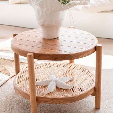 Table basse ronde 68x46 cm en rotin et teck naturel