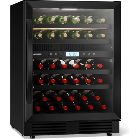 Klarstein VeroSteel Unterbau-Weinkühlschrank – Zweizonen-Weinkühlschrank für 43 Flaschen, UV-Glastür, Touch-Bedienfeld, ausziehbare, leicht zugängliche Holzregale (1/5)