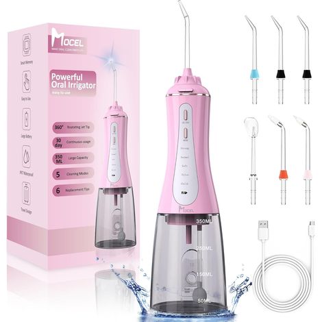 Hydropulseur dentaire avec 5 modes, irrigateur oral avec 6 embouts, 350 ml, sans fil, étanche IPX7, portable, puissant, pour le nettoyage des dents, avec batterie pour le voyage (Rose) (1/5)