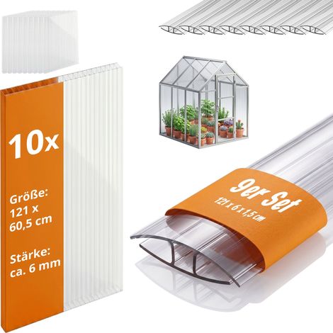 Relaxdays Doppelstegplatten 10er Set, mit Verbinder, Hohlkammerplatten 6 mm, Gewächshaus, HB: 121x60,5 cm, transparent