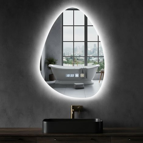 Miroir de Salle de Bain LED 50x70 cm Asymétrique avec Éclairage • Blanc Froid 6400K • Interrupteur Tactile & Antibuée • Économie d'Énergie • Miroir Lumineux Moderne (500x700 mm) (1/5)
