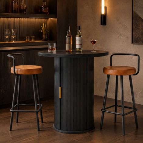 REDOM set tavolo bar 60x60x91.6 cm con 2 sgabelli, contenitore a 4 ripiani, MDF e metallo, nero (1/5)