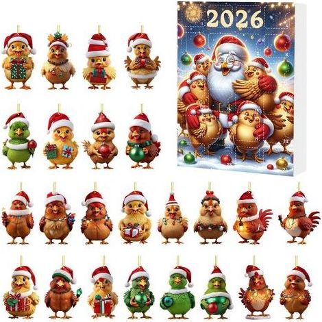 Pendentif en acrylique représentant un poulet de Noël de dessin animé, calendrier surprise en boîte, décoration de sapin de Noël avec compte à rebours de 24 jours, style E (1/2)