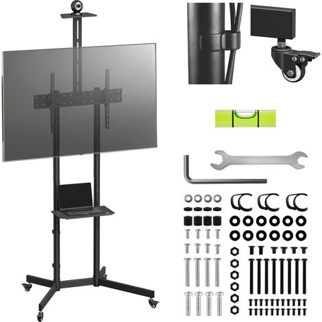 Support TV sur roulettes 37 à 70 ″  Chariot Mobile avec 2 étagères réglables en Hauteur - Support de caméra VESA 600 × 400 - Gestion des câbles - Charge maximale 45 kg - Acier Noir (1/5)