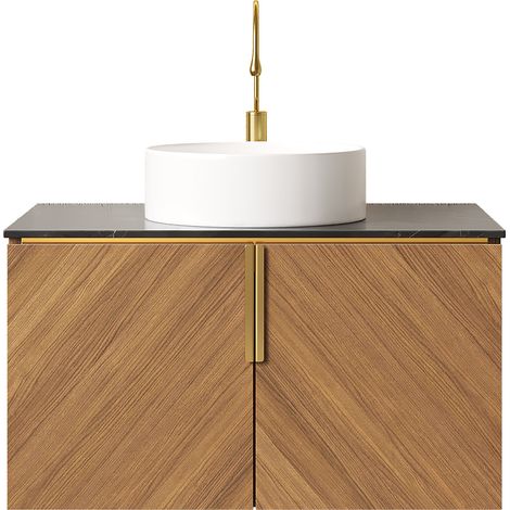 Hängender Waschtisch 76 cm mit weißem Keramikbecken und schwarzer Steinplatte (1/5)