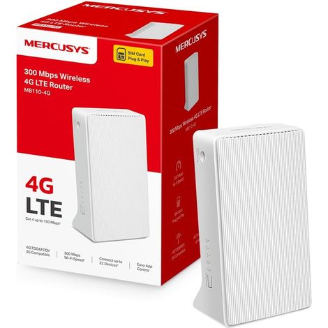 Mercusys MB110-4G Routeur 4G LTE Débit Jusqu’à 150 Mbps, WiFi 300 Mbps en 2.4 Ghz, Cartes SIM Nano de Multi-Opérateurs, 2 Port LAN/WAN, Jusqu’à 32 Appareils, Mode routeur, idéal Maison/Camping (1/5)