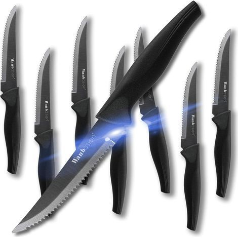 Couteau A Steak - Ensemble De 8 Couteaux En Acier Inoxydable Avec Lame Dentelée Et Revêtement En Titane Noir - Pour Table Et Cuisine (1/5)