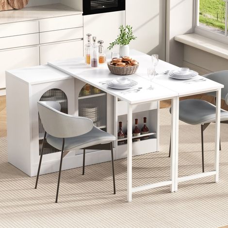 Mesa de bar 121,5 x 40 x 76,7 cm - Aparador giratorio 360° extensible con puertas de cristal estriado y espacio de almacenamiento - Blanco (1/5)