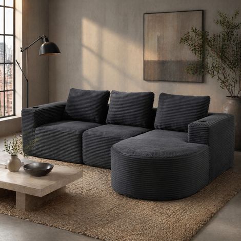 Modulares 3-Sitzer-Sofa aus Polyester, 3 Kissen und 2 Becherhalter, dunkelgrau HAVRYA (1/5)