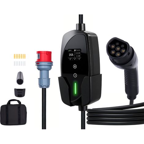 Mophorn Chargeur pour voiture électrique 11 kW, borne de recharge mobile 16 A avec câble de 8 m, prise CEE triphasée, écran LCD, courant ajustable, boîtier de commande IP66 (1/5)