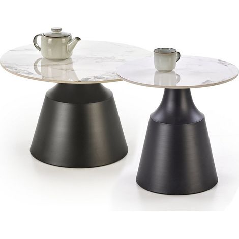 Ensemble de deux tables basses rondes avec plateau aspect marbre OMAR (1/5)