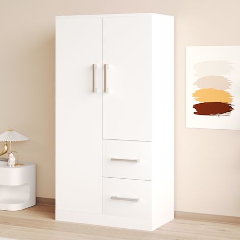 Armario para dormitorio, armario ahorra espacio para colocar bajo cama alta, de madera con 2 puertas y 2 cajones 70 x 40 x 135 cm, Blanco (1/5)