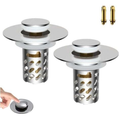 Bouchon d'évier pliable universel, crépine en acier inoxydable avec panier filtrant amovible pour éviers de 2,8 à 6 cm, noyau avec bouton-poussoir, bouchon d'évier, récupérateur de cheveux, lot de 2 (1/4)