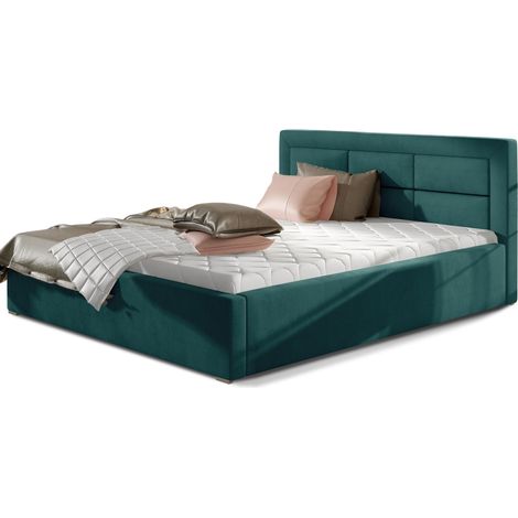 Lit moderne velours capitonné RIZARO - Avec ou sans rangement-Bleu canard-160x200-Version avec sommier (1/5)