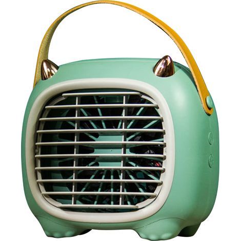 Ventilateur de bureau USB avec brumisateur, 3 vitesses, poignée souple, design cartoon, contrôle facile, petit format, idéal pour la maison, le bureau ou l'école (vert). (1/4)