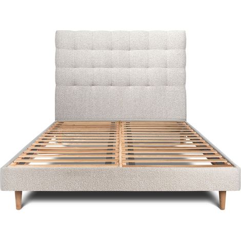 Lit 150x190cm avec tête de lit capitonnée bouclette et sommier kit Beige - Hauteur totale : 29cm (1/5)