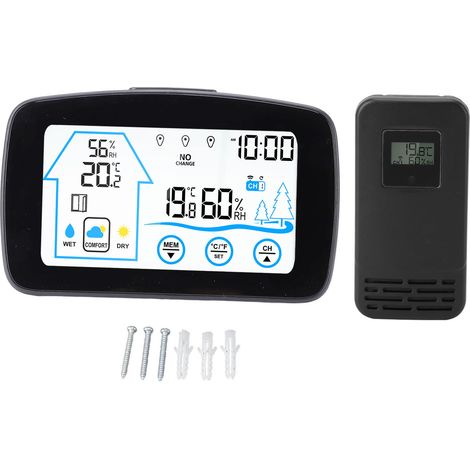 Igrometro wireless, termometro, touchscreen retroilluminato, pulsante, previsioni meteo, misurazione della temperatura e dell'umidità interna ed esterna, nero. (1/5)