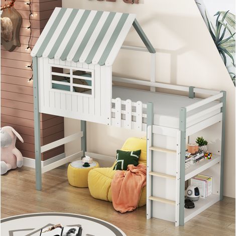 lit chambre enfant cabane 90x200 rangement bois vert HAVRYA (1/5)
