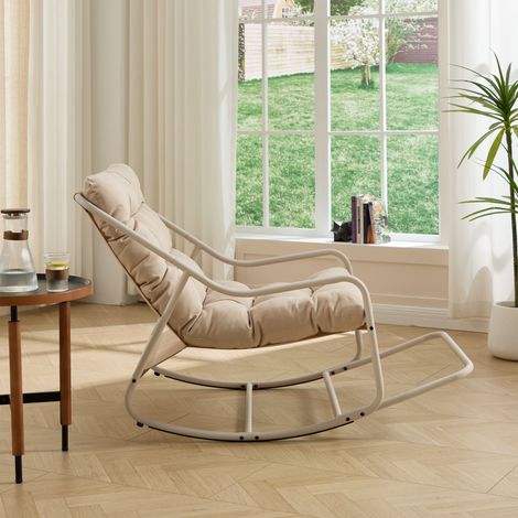 Sillón mecedor para exteriores, cojín cómodo, con cojín suave y grueso, para salón, dormitorio, sala de lectura, estructura beige con cojín beige (1/5)