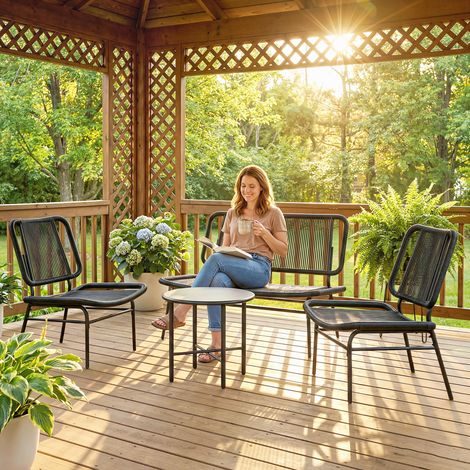 Conjunto de muebles de jardín de ratán de 4 piezas, sofá de exterior con mesa de centro de metal, negro.