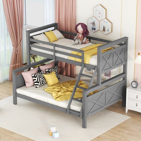 Lit superposé 90x200 cm et 140x200 cm avec escalier et barrière de sécurité, sans matelas, gris (1/5)