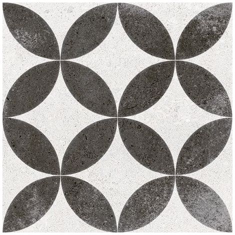 Carrelage en grès cérame 20x20 cm noir – Motif quatre-feuilles – Antidérapant R10 – Compatible chauffage au sol – Finition mate – Vives Azulejos Y Gres