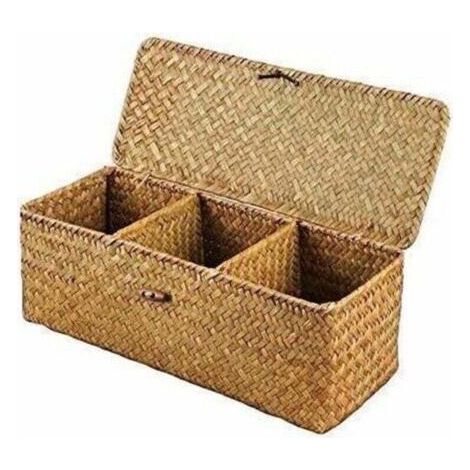 Panier de Rangement avec Couvercle Rectangulaire Coffre en Osier avec Compartiments Organisable Papier Toilette Snack Jouets (1/4)