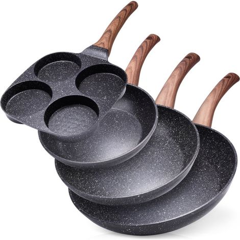 Juego de sartenes de granito de 20/24/28 cm + sartén para huevos (4 piezas). BLACK&WOOD (1/5)