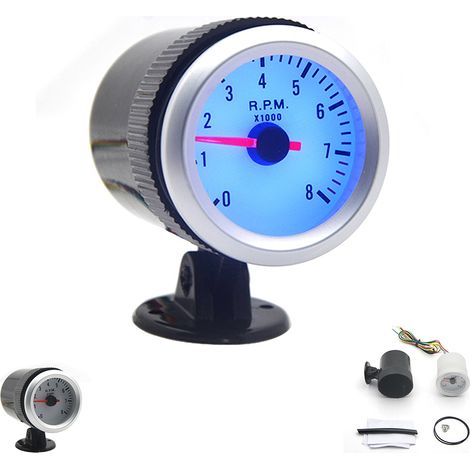 Ortviai Tachymètre LED pour voiture 52 mm (2 pouces) avec rétroéclairage bleu, plage 0-8000 tr/min, compatible 1 à 8 cylindres