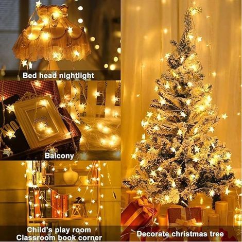 Guirlande lumineuse avec prise de 10M 100LED à motif d'étoile, 8 modes, étanche, alimentée par courant, guirlande lumineuse ambiante intérieure et extérieure pour décoration d'éclairage de fête, Nol, (1/4)