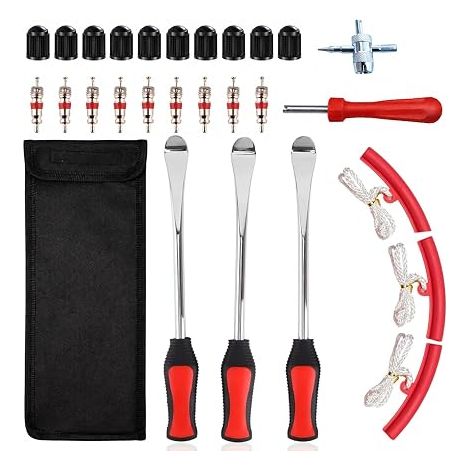 28 x Déchiqueteurs manuels de pneus de moto, Déchiqueteur de tige de valve, 10 bobines de valve Presta, 3 lève-cylindres avec 3 protecteurs de roues pour voiture, moto, vélo, scooter (1/5)