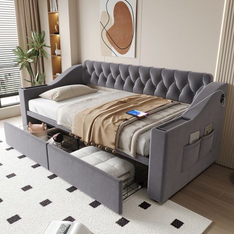 REDOM - Cama doble 140x200 con LED USB escritorio y 2 cajones de MDF y contrachapado tapizado blanco (Sin colchón) (1/5)