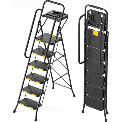 Escabeau à 6 marches larges avec plate-forme à outils, pliable, avec mains courantes, échelle de sécurité portable en acier robuste pour peinture/maison/extérieur/garage, pour adultes, 363 kg (1/5)