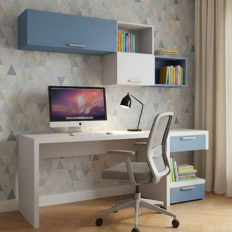 Angolo studio moderno con cassettiera sfalsata per cameretta - Bianco e Avio