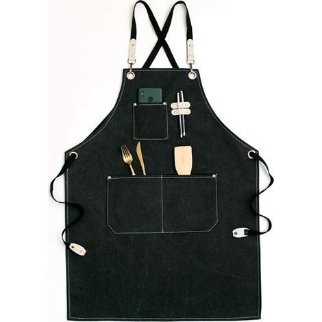 Tablier de chef en toile, tablier de travail robuste à dos croisé avec bretelles réglables et grandes poches pour hommes et femmes (Style 5) (1/4)