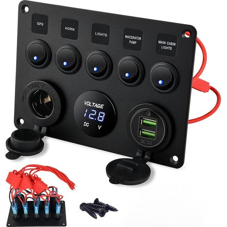Gang 12V Rocker Switch Panel Waterproof Aluminum LED Rocker Switch Panel QC 3.0 Digital Voltmeter Display Dual USB Charger Port DC 12/24 Volt Socket for RV Boat Vehicles Truck Marine (1/5)