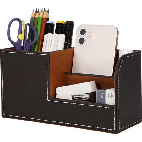 GABRIELLE Organizer da scrivania, Organizer da scrivania in pelle, Elegante portapenne, Scatola portaoggetti salvaspazio per cancelleria, 3 scomparti per penne (Marrone) (1/5)