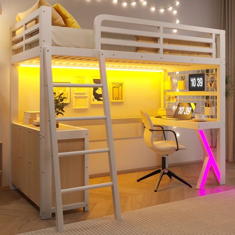 Lit mezzanine 90x200 cm équipé d'un bureau, armoire de rangement, bande LED, garde-corps, structure gain de place - Blanc (Sans matelas) (1/5)