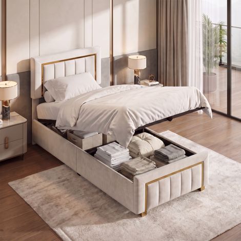 Polsterbett 90x200 cm mit Lattenrost und Bettkasten - Einzelbett aus Samt modern schick mit hydraulischem Stauraum und Kopfteil mit goldenem Rand - Beige (1/5)