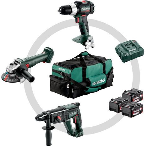 Metabo – Pack de 3 machines électroportatives 18V – Perceuse à percussion, meuleuse d'angle, marteau combiné – 3 batteries 5,2Ah et mallette souple (1/7)