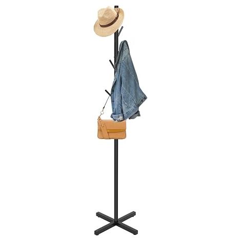 Porte-manteau en métal avec 7 crochets, stable, pour couloir, chambre et bureau, autoportant, peu encombrant, noir (1/5)